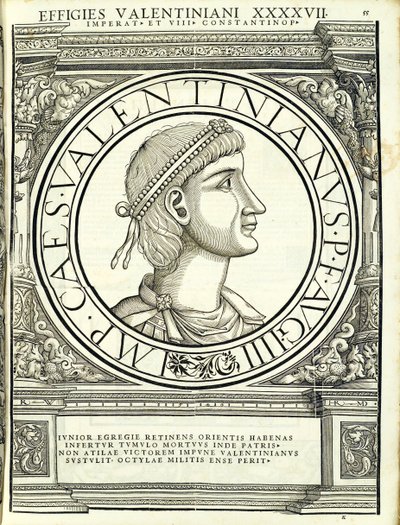 Valentiniano III, ilustración de Imperatorum romanorum omnium orientalium et occidentalium verissimae imagines ex antiquis numismatis de Hans Rudolf Manuel Deutsch